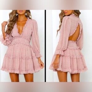 Elegant Long Sleeve Pink Ruffle Dress